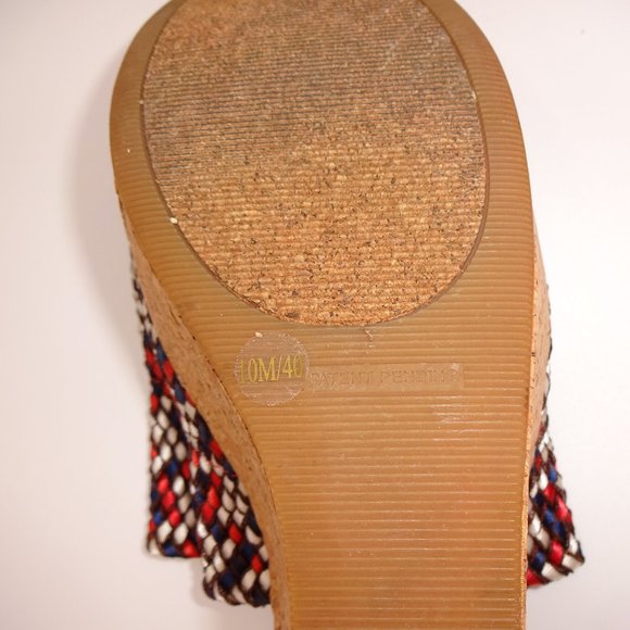 Womens 10M 10 Lucky Brand White Blue Red Slip On Platform Shoes Sandals Cork - Picture 7 of 9